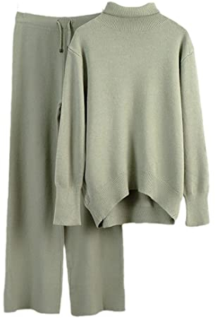 Damen Rollkragen Stricksets Lose Pullover + Weite Beinhose Dicke Warme 2 Stück Sets Outfits, grau-grün, One size
