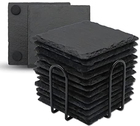 VIBRATITE 12 Stück Schiefer Untersetzer Eckig 10,2 cm mit Halter Schwarz | Naturschiefer, Unregelmäßige Kanten, Kratzfeste Unterseite, Lasergravur, Schieferplatte, Getränkeuntersetzer, Gläser, Tassen
