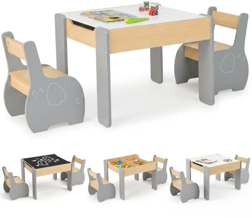 INFANS 3 in 1 Kids Table and Chair Set, Wood Multi Activity Table with Removable Tabletop Storage, Detachable Blackboard for Toddler Playing Drawing Arts Crafts,3 PCS Children Furniture