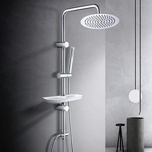 Görbach Stainless Steel Column Without Mixer - Adjustable Wall Holes, Hydromassage, Rain Shower With Holder Shelf (D20 cm)
