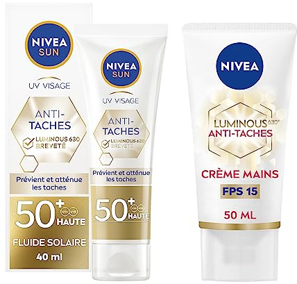 NIVEA SUN Routine solaire Luminous 630® avec fluide UV visage anti-taches Luminous630 FPS 50+ & crème mains hydratante anti taches pigmentaires, Protection solaire anti-âge & anti-taches