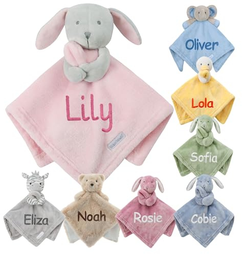 Personalised Baby Comforter Blanket Newborn Christening Shower Gift Boy Girl Keepsake Soft Snuggly Toy Blankie (Pink Bunny)