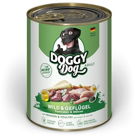 Doggy Dog Paté Wild & Volaille - 6 x 800 g - Nourriture Humide pour Chien - sans céréales - avec Huile de Saumon et Moule à lèvres Vertes - Aliment Complet avec panais et Carotte - Fabriqué en