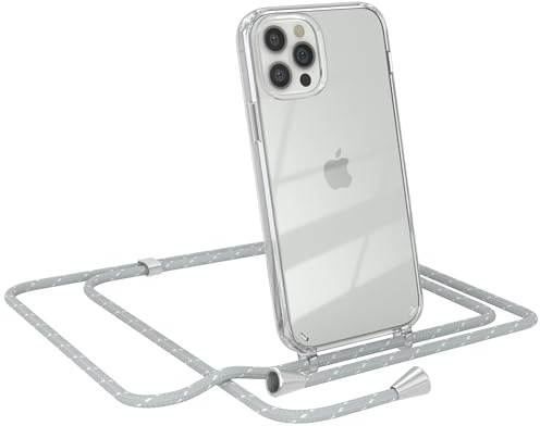 EAZY CASE Handykette kompatibel mit iPhone 12/12 Pro Handyhülle mit Umhängeband, Handykordel mit Schutzhülle, Silikonhülle, Hülle Band, Stylische Kette für Smartphones, Grau/Weiß - Clips Silber