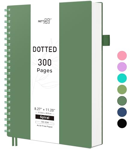 RETTACY Gepunktetes Notizbuch, A4, Bullet Dot Grid, Spiralnotizbücher, 300 Seiten/150 Blatt zum Schreiben, 100 g/m², PVC-Hardcover, für Damen und Herren, Arbeit, Büro, Schule, 21,5 x 27,9 cm