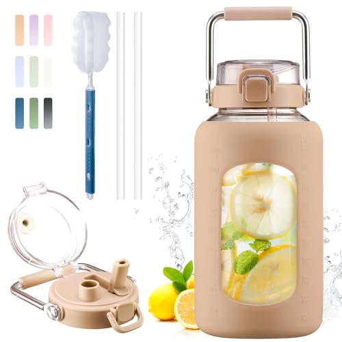 BLUEGO 2500ml Water Bottle Glass with Stainless Steel Handle 2.5L Large Water Bottle with Time Markers and Silicone Sleeve Half Gallon Water Jug BPA Free for Gym Daily Use, Amber
