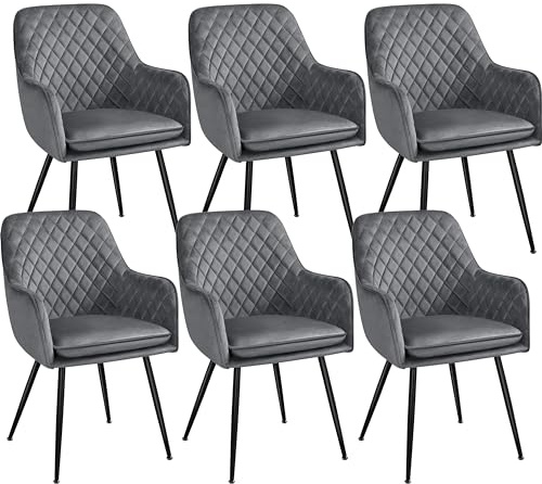 Yaheetech Esszimmerstühle 6er Set Küchenstühle, Polsterstühle mit Armlehnen Metallbeine, Seesel aus Samtstoff für Arbeitszimmer/Wohnzimmer, Dunkelgrau, Samt