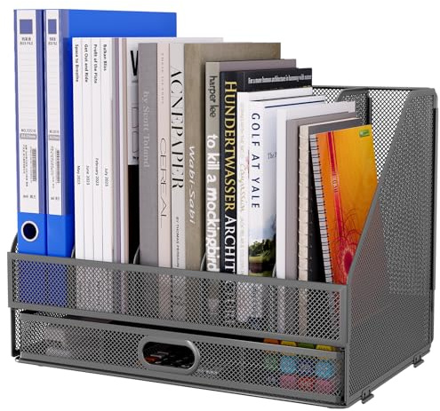 EasyPAG 5 Compartiments Métal Maille A4 Vertical Porte-Revues,Banette de Rangement Bureau,Corbeilles à Courrier,Organisateur de Magazine,Range Document,Bannette Papier avec Tiroir,Argenté