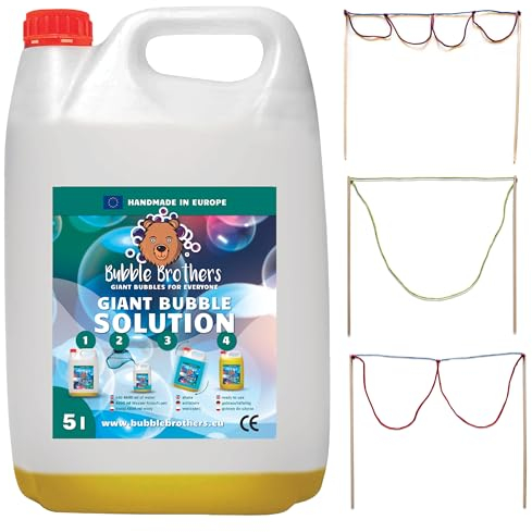 Bubble Brothers Seifenblasen Nachfüllflasche 5L Seifenblasenflüssigkeit Seifenblasenlösung Konzentrat für Riesenseifenblasen Stabile Seifenblasen (1 x 5L + 3 Seifenblasenstäbe)