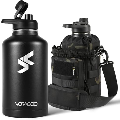 VOTAGOO GEAR Borraccia tattica da 1,9 litri, in acciaio inox, isolata, in metallo, militare, con robusta custodia rimovibile, borsa tattica per escursionismo, campeggio, caccia