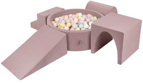 KiddyMoon Spielplatz Aus Schaumstoff Mit Rund Bällebad (200 Bälle) Ballgruben Für Babys Spielbad Hindernisläufen, Erikafarben:Pastellblau/Pastellgelb/Weiß/Minze/Puderrosa