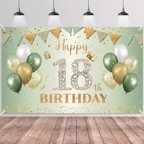 18.Geburtstag Banner Grün Gold,BTZO 18.Geburtstagsbanner,Deko 18 Geburtstag Dekoration Banner Hintergrund für 18 Mädchen und Jungen Geburtstagsfeier Deko