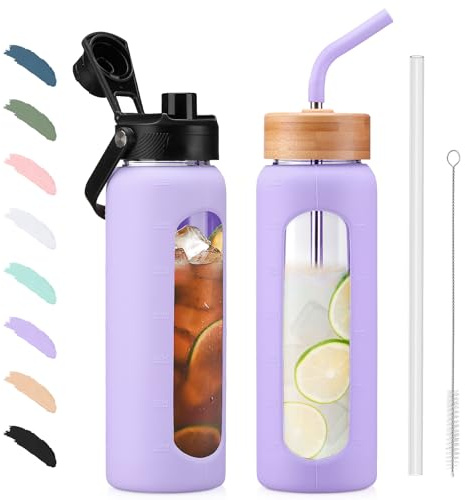 BLUEGO 700ml Glass Water Bottle with Straw and 2 Lids Glass Coffee Cup with Time Marker and Silicone Protector Glass Tumbler for Beverages Soda Cola BPA Free, Purple