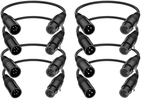 J&D Cable XLR, Adaptador de 3 Pines a 5 Pines (Macho a Hembra y Hembra a Macho), Cable DMX para Micrófono, Audio y Luces de Escenario, DMX512, 30 cm, 8-Pack