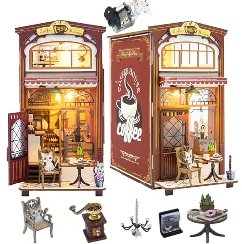 TOPBSFARNY Kit de bricolage Book Nook - Café Mini 3D - Modèle architectural - Support de livre en bois Snap Fit avec meubles et lumières LED - Kit de maison de poupée miniature pour adultes