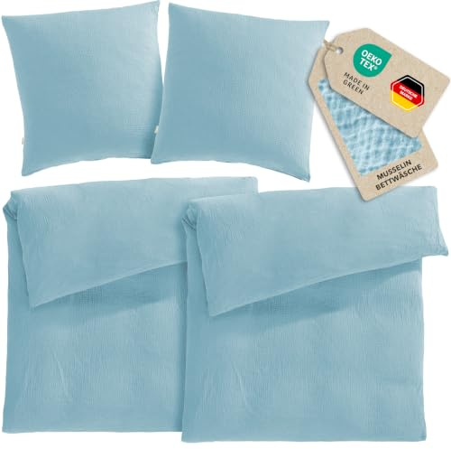 Pure Label Musselin Bettwäsche 4tlg 2x155x220+2x80x80 - Blau | Traumhaft weiche, kuschelige Bettwäsche-Sets aus Musselin - 40° Waschbar