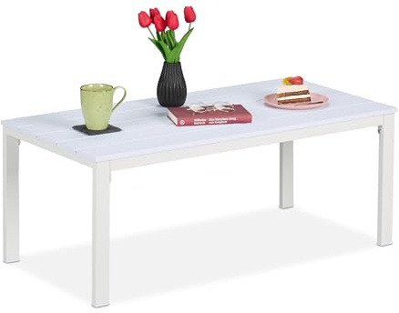Relaxdays Mesa de Jardín, Resistente Intemperie, Efecto Madera, Terraza y Balcón, 39x98x48 cm, Mesita Exterior, Blanco