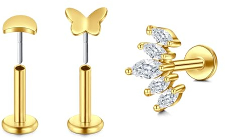 LAURITAMI Guldbrosk helix knoppörhängen för kvinnor CZ 16G rostfritt stål 6 mm Tragus snäcka Labret öronpiercing smycken, rostfritt stål