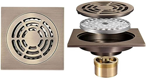 4-Zoll-Duschbodenablauf, Messing-Duschablauf mit Abnehmbarer Abdeckung, Gitterrost, quadratischer Bodenablauf mit Haarsieb für Küche, Waschraum, Garage und Keller, Bronze