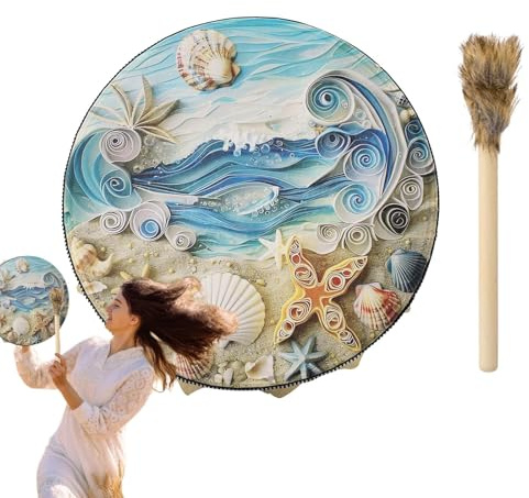 Tamburo, Tamburo a Mano Sciamanico con Conchiglia delle Onde del Mare | Tamburo Sciamanico, Strumento a Percussione per Adulti per Rituali di Meditazione Musicale, Incluso