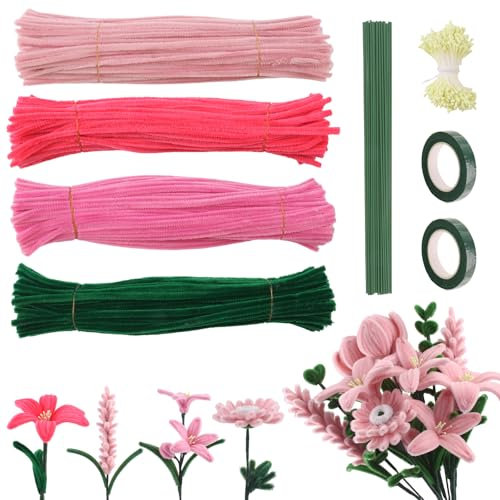 RYAN 400 Stück Pfeifenreiniger Blumen 400 Blütenkerne Pfeifenreiniger Set mit Schleifenband Tulpe Blumenstrauß für Muttertag Valentinstag Jahrestag Basteln und Handwerk Dekorieren (Rosa/Grün)