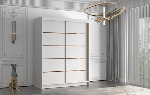 Easy4You 150 cm Modern Sliding 2 Doors White Wardrobe FO Wardrobe w/o Mirorr for Bedroom Furniture Set with Clothes Rail Storage