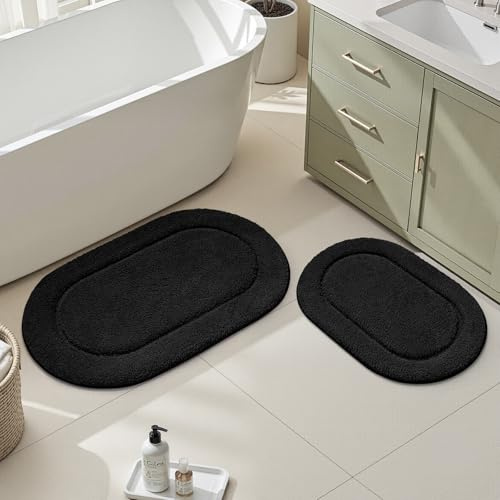 HOMEIDEAS Bathroom Rugs Sets 2 Piece, Small Bathroom Rugs, Soft, Absorbent Microfiber Mats, Machine Washable Bath Mats for Shower Room, Bathtub, Kitchen (20 x 32 + 16 x 24, Black)