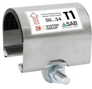 SAB Collare di Riparazione a 1 Tirante per Fori su Tubi 50-54 mm (min-max), Acciaio e Ghisa con Rivestimento in Gomma per Tenuta Idraulica
