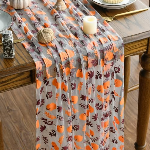 Artoid Mode Chemin de table d'automne en gaze - En tulle orange marron - Citrouilles et feuilles - 70 x 300 cm - Décoration de table de cuisine en intérieur, décor de fête/vacances