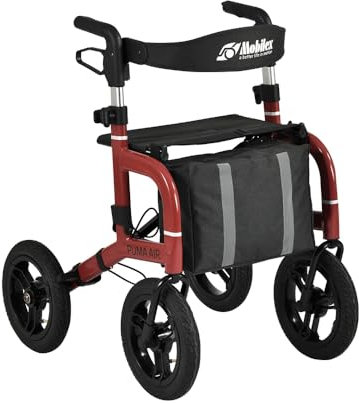 All Terrain Rollator with Pneumatic Tires | Outdoor Walker with Big Wheels & Seat | Mobilex Puma Air (Red)
