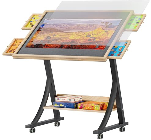 YITAHOME 1500 Piece Jigsaw Puzzle Table with Tilt Angle & Height Adjustment | Adjustable Tilting Puzzle Board with 4 Drawers, Folding Portable Jigsaw Tables with Cover & Storage Shelf, Easy to Move