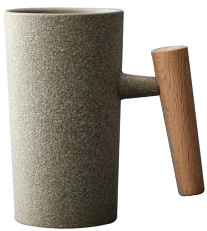 Tasses à café vintage en grès de 230 ml avec poignée en bois - Pour lave-vaisselle et micro-ondes - Style pierre brute