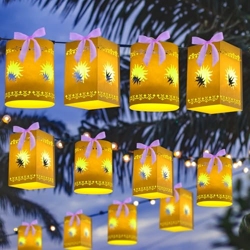 20 Pack Princess Sun Hanging Lanterns DIY Kit Paper Square Round Lantern Sun Cutouts White Lanterns with Hemp Rope Purple Ribbon for Birthday Wedding Garden Photo Backdrops