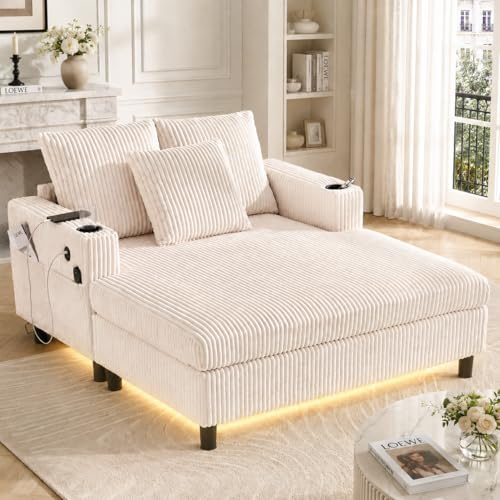 ZIDEY Chaiselongue Schlafsofa, Sofa mit LED & USB-C-Port & 2 Kissen & Getränkehaltern, Bettsofa, Für Wohnzimmer & Schlafzimmer, Beige