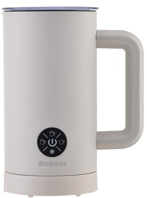 Brabantia Mousseur à lait électrique, 500 W, 300 ml, 4 en 1, sans BPA, moussage chaud et froid, 4 niveaux, couvercle transparent, revêtement anti-adhésif, témoin lumineux, blanc BBEK1048SB
