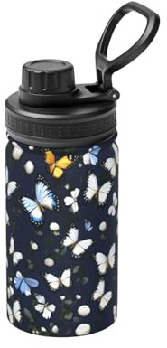 Bouteille d'eau isotherme en métal avec fleurs blanches et papillons bleus, 355 ml, en acier inoxydable, garde au froid et au chaud
