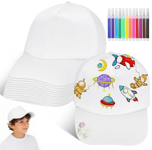 SHINEOFI 12Pcs Kinder Baseball Cap zum Bemalen inkl. 12 Textilstifte, Weiß Baumwolle DIY Schildkappe Jungen Mädchen, Verstellbare Mütze für Kindergeburtstag Bastelset & Sonnenschutz, Kreativset