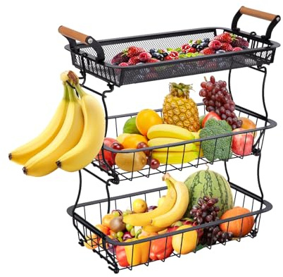 ARATERVIO Obstkorb mit 3 Etagen & 2 Bananenhaltern - Großer Metall-Gemüsekorb für Küche, Theke & Speisekammer - Obstständer für Äpfel, Bananen, Zwiebeln & Snacks - Schwarz