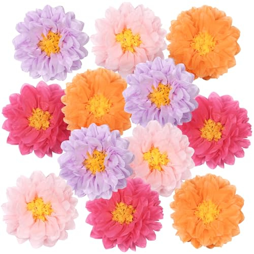 AUAUY 12 st pappersfläktar, fläkthängande blomkrans, vårfestdekorationer, blommönster för födelsedagar, karnevaler, bröllop och festivaler-4 färger