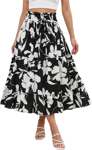 Sahunfri Floral Midi Skirts for Women UK Summer Comfy Tiered Elastic Waist Boho Skirts Ladies Midi Length Swing Skirt (UK, Alpha, M, Regular, Regular, Black)