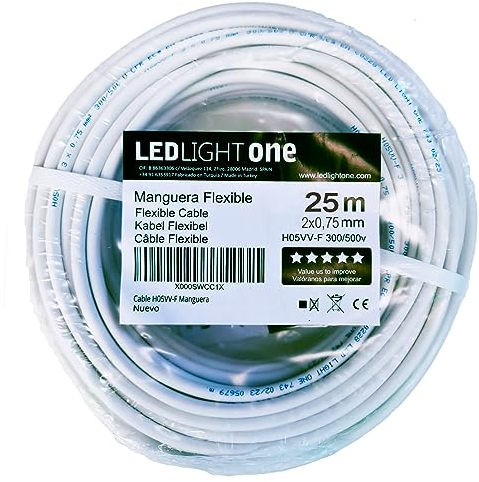 Led Light One Cable H05VV-F Manguera 2x0,75mm 25m (Blanco) Tensión de servicio: 500v Temperatura máxima de trabajo 70º.Cables para instalaciones fijas y móviles en locales domésticos y oficinas.