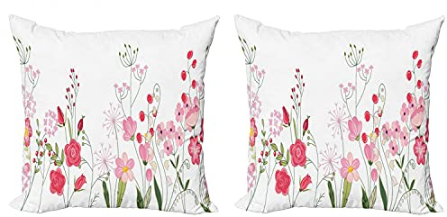 Lunarable Spring Throw Pillow Cushion Cover Pack of 2, Endless Horizontal Texture of Contoured Wild Flowers Berries and Herbs, Zippered Double-Side Digital Print Decor, 20, Green Pink and Magenta