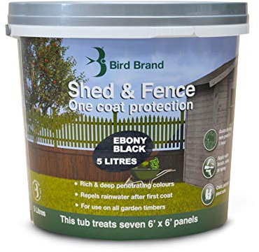Bird Brand, Shed & Fence One Coat Protection - Garden Paint for Wood - Shed and Fence Paint - Ebony Black Colour, 5-Litre Bucket
