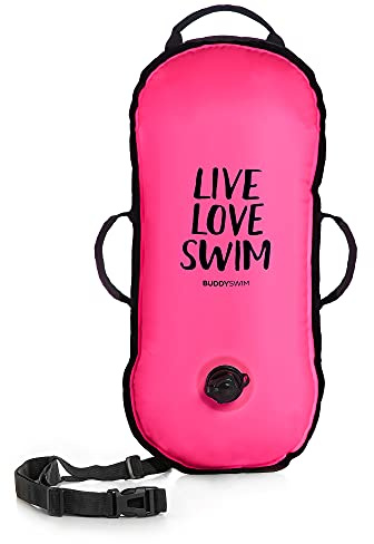 BUDDYSWIM Boya de Natación en Aguas Abiertas 10 L para Travesías y Competiciones. Acabado de Nylon, Ultra Ligera y Resistente, con Asas y Cinturón Ajustable. Color Rosa
