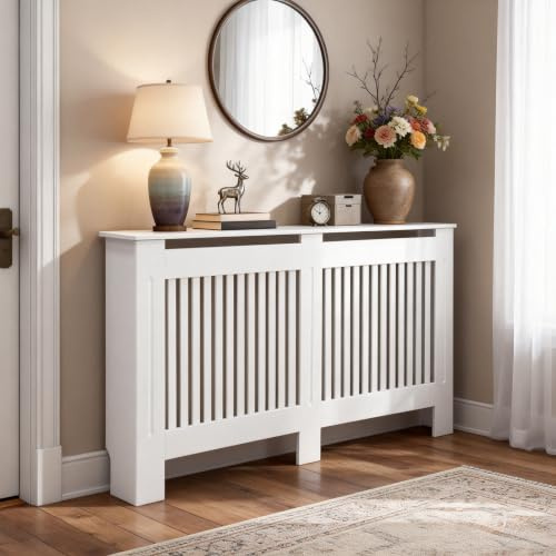 FATIVO Heizkörperverkleidung Weiß 152×19×92 cm Vertikal Lamellen Holz MDF | Landhausstil, Lackiert, Für Schlafzimmer Wohnzimmer Büro