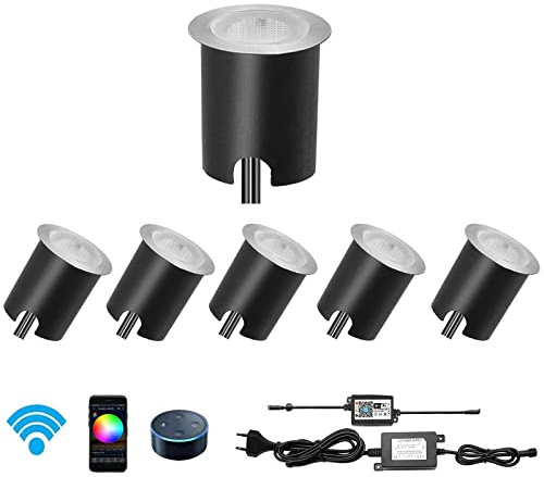 6er Set LED RGB WiFi Terrassenbeleuchtung, Ø30mm LED Bodeneinbauleuchte IP67 Wasserdicht Multicolor Treppen Einbauleuchten Kompatibel mit Alexa, Google Home, App Steuerbar für Küche Garten Treppen