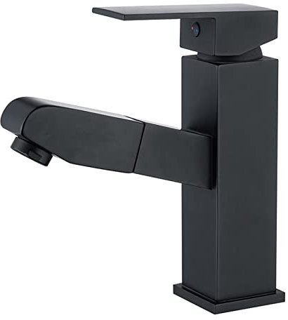 CAZARU Badarmatur mit ausziehbarer Brause, Waschbeckenarmatur, Einhand-Waschtischarmatur, Messing-Waschtischarmatur, verstellbares heißes und kaltes Wasser, schwarz