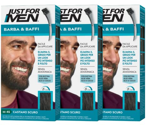Just For Men Barbe & Moustache, Teinture pour barbe homme, sans ammoniaque, élimine les poils gris, avec peigne applicateur, couleur marron foncé, M45 (3 Pack)