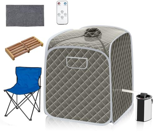 RELAX4LIFE Portable Sauna Tent, 3L Sauna Pot Bath Box with 9-Gear Adjustable Temperature & Timer, Chair, Mat, Herbal Box & Massage Foot Roller, Steam Cabin Home Sauna Spa for Relaxing Body (Grey)