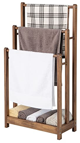COSTWAY Freestanding Towel Rack, Solid Wood Towel Holder Drying Stand with 3 Towel Rails and Storage Shelf, Bathroom Accessory Organizer for Bath & Hand Towels, 45x22x86cm (Pine Wood, Rustic Brown)